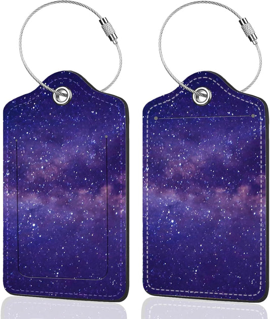 2Pack Luggage Tags for Suitcases, Cute Unique Pu Leather Cruise Luggage Tag with Privacy Cover ID Label Address Card and Metal Ring Suitable for Women Men Kids Travel Bag Purple Starry Sky