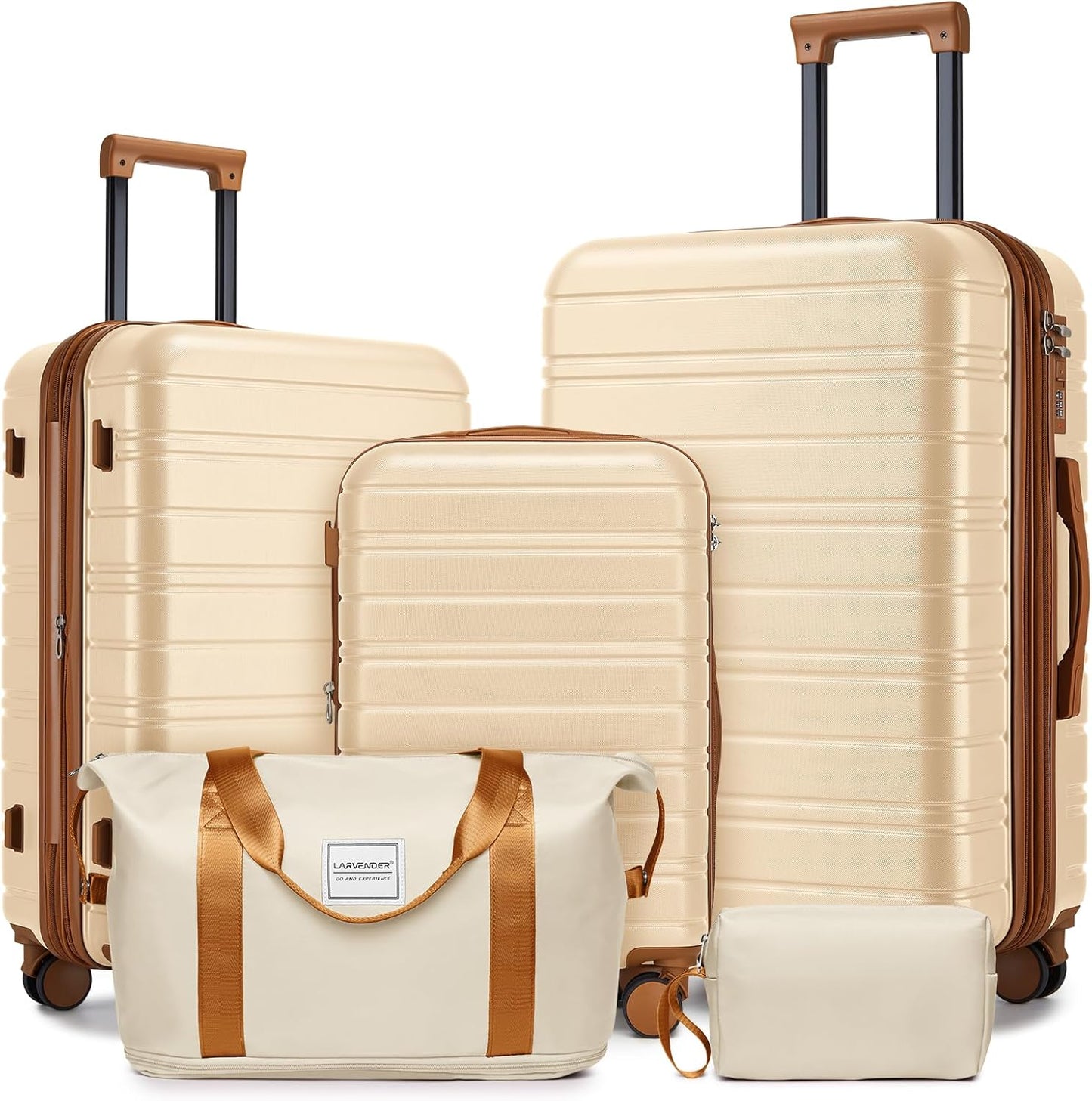 LARVENDER Luggage Sets 5 Piece Hardside Expandable Suitcase with Wheels Lock,Hardside Lightweight Rolling Suitcase for Women and Men,Cream