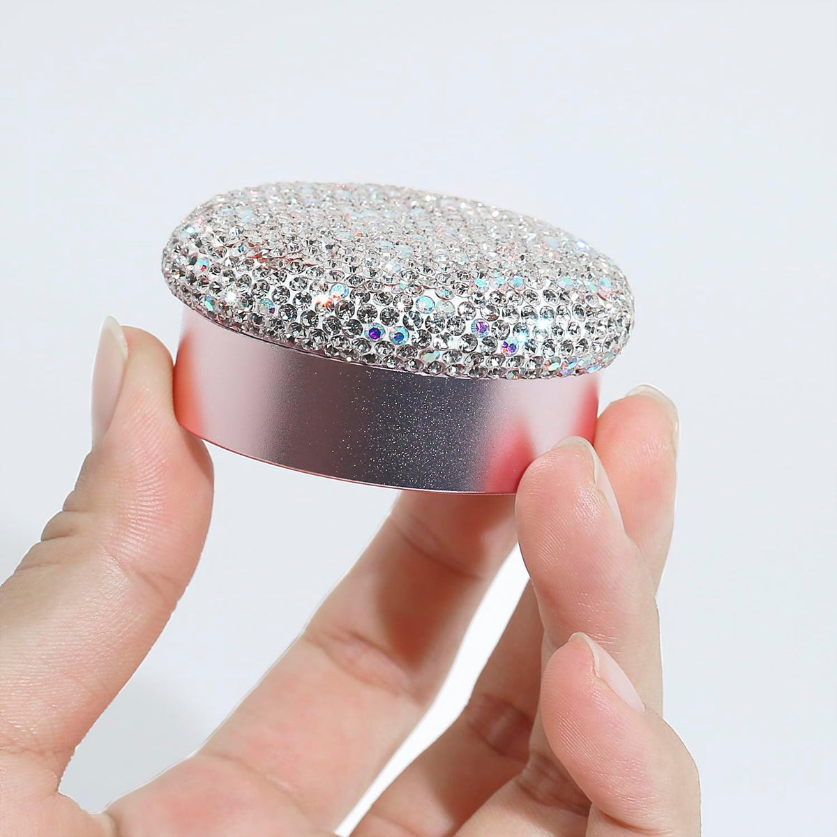 Small Pill Case 3 Compartments, Metal Round Portable Pill Box, Waterproof Travel Pill Organizer, Pocket Purse Medicine Vitamin Holder EDC Container (Rose Gold with Rhinestone)