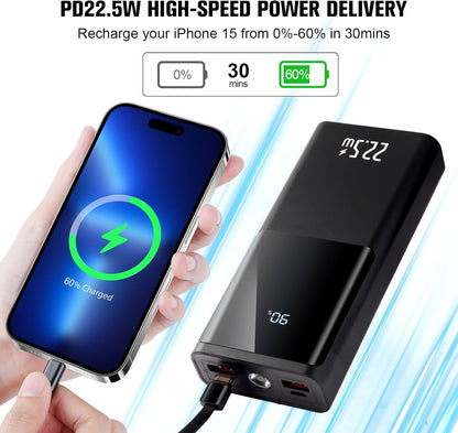 20000mAh Power Bank Portable Charger 22.5W PD Fast Charging USB C 3-Output External Battery Pack with Flashlight Travel Emergency Charger for iPhone 16/15/Pro, Samsung S23/Galaxy, iPad etc Aluminum