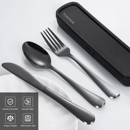 Travel Utensils with Case, 4-Piece Stainless Steel Portable Cutlery Set, Reinforced Case with Buckle Design, Lunch Box for Camping Work School, Include Fork Spoon Knife, Dishwasher Safe, Black