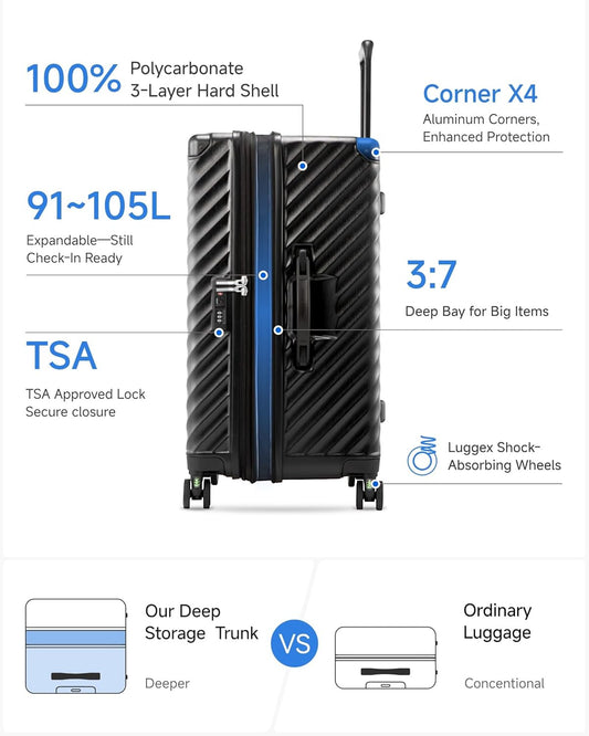 Trunk Luggage, Expandable PC Hard Shell Large Checked 28 Inch Suitcase with Shock - Absorbing Wheels & TSA Lock, Black, 91L - 105L