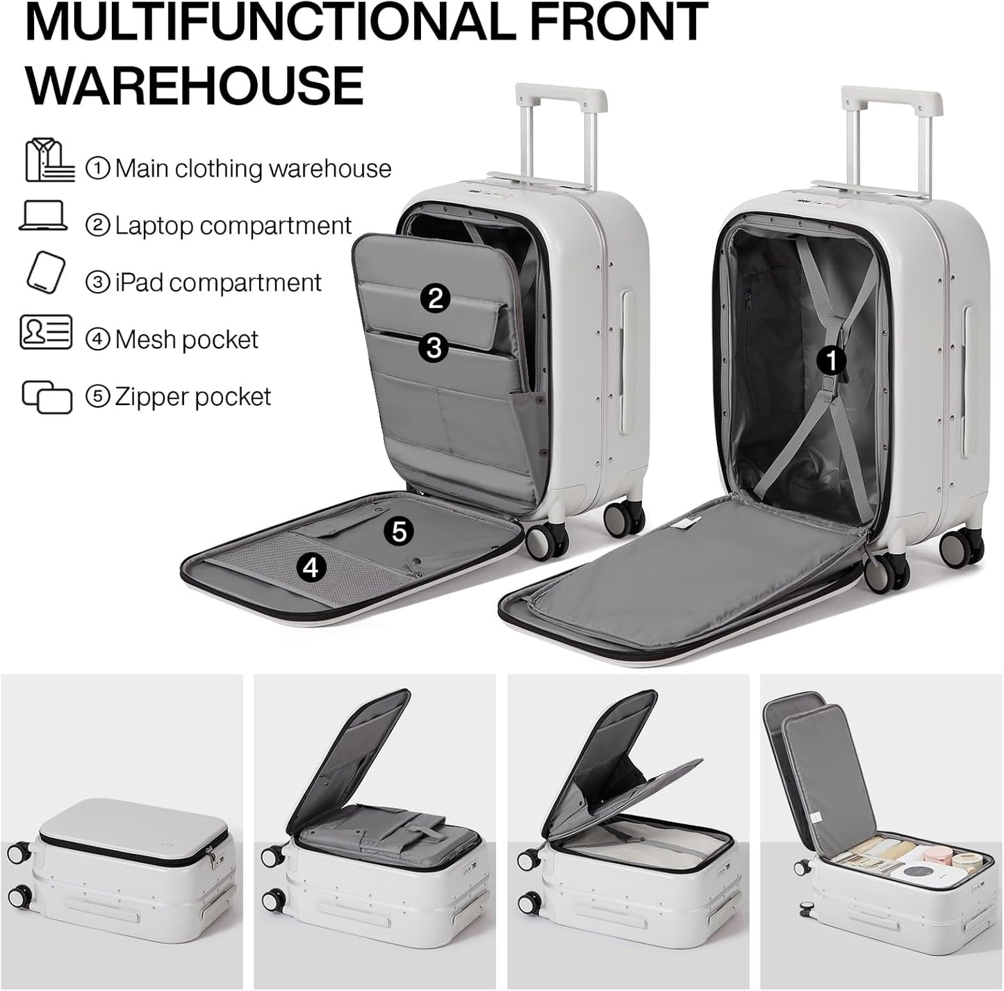 mixi Luggage Suitcase with Spinner Wheels, 24'' Checked Travel Luggage Aluminum Frame PC Hardside with TSA Lock & Cover - Smoke White