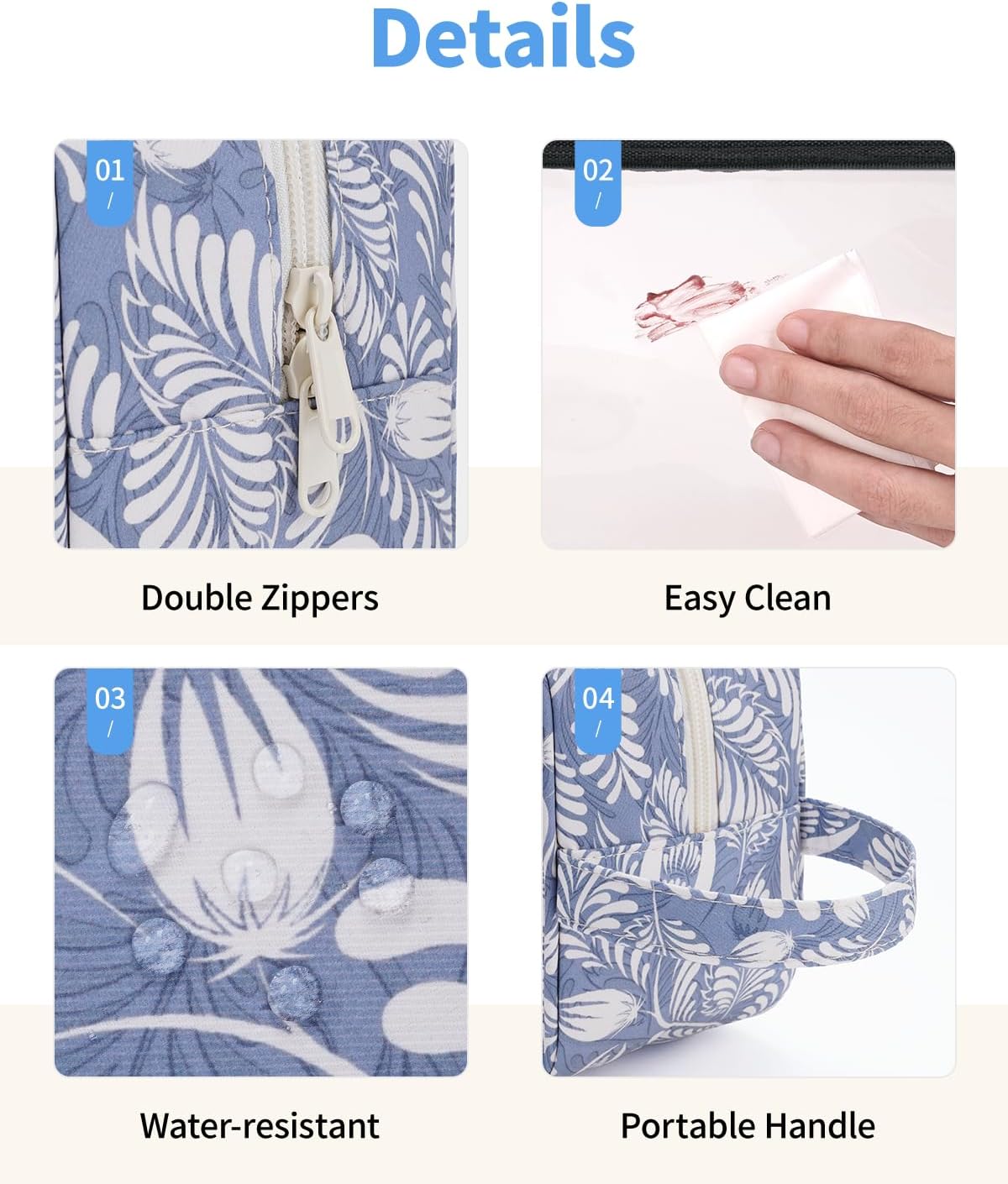 Narwey Clear Toiletry Bags for Traveling Women Men, Clear Travel Bags for Toiletries Makeup Bag Cosmetic Bag with Zipper, Make Up Organizer, Skincare Bag (Blue Leaf)