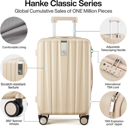 Hanke Luggage Sets 3 piece Carry On Luggage with Wheels PC Hard Shell Suitcases Lightweight Checked Travel Luggage Large Travel Suitcase Woman Men 20/24/29 Inch(Cuba Sand)