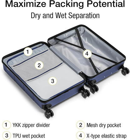 KYME Suitcases with Wheels Hardshell 26 Inch Luggage with TSA Lock Durable Medium Checked Travel Rolling Luggage with Cup Holder for Women Men Navy