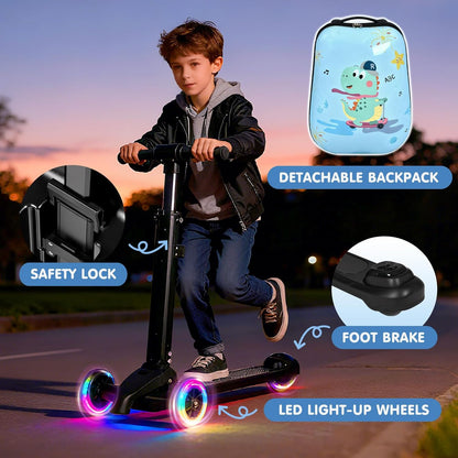 4-in-1 Detachable Scooter Luggage for Kids & Teens – Hardside Ride-On Suitcase with Led Light Up Wheels, Dinosaur Design, Lightweight Foldable, Perfect Travel Gift for Boys(Light Blue 22-inch)