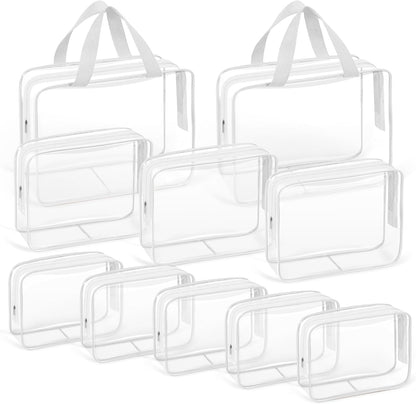TISRATOK 10 PCS Clear Travel Makeup Toiletry Bag, Plastic PVC Cosmetic TSA Approved Organizer Kit with Zipper Handbag（White）