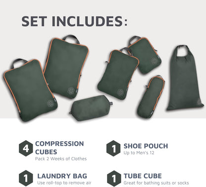 Large Compression Packing Cubes for Travel-Packing Cube Luggage Organizers 7 Piece Set for Checked Luggage-Ultralight, Expandable/Compression Bags by TRIPPED Travel Gear (Green and Brown)