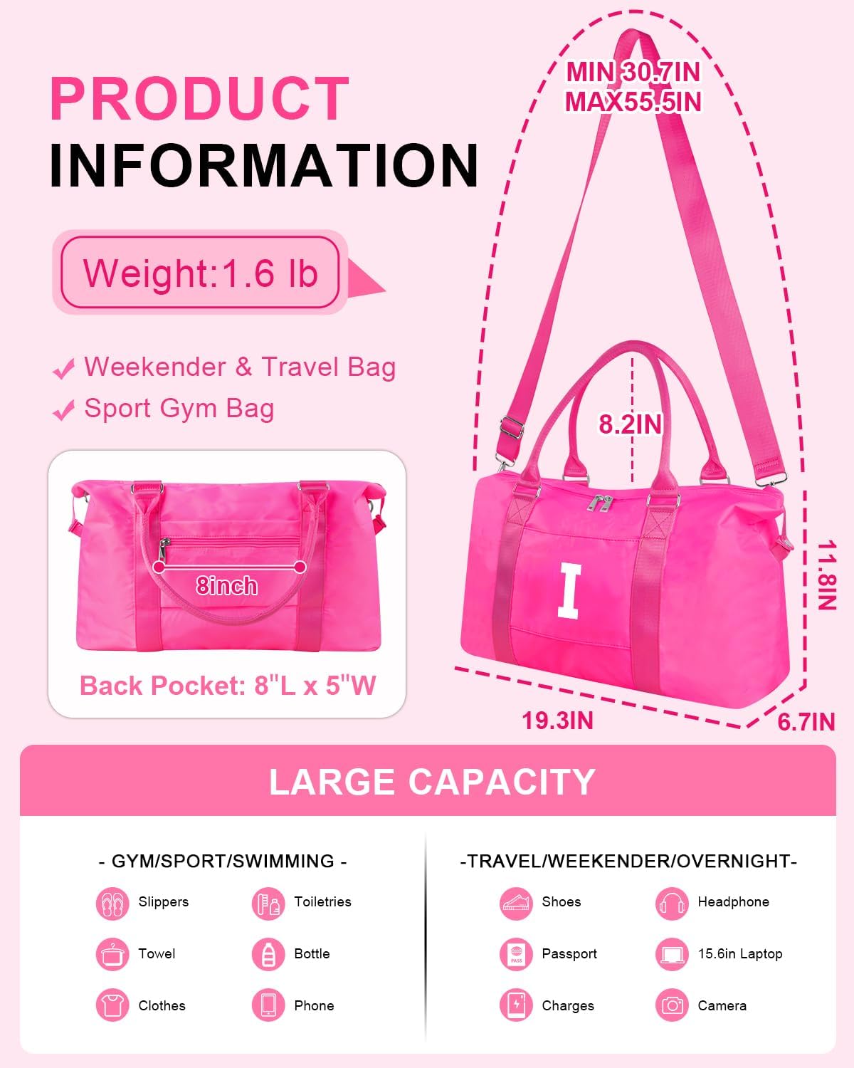 Overnight Bag for Kids Teen Girls Weekender Dance Bag Birthday Graduation Gifts,Initial Travel Duffel Bag Sports Gym Bag Personalized Weekender Bag Carry On Bags Preppy Gifts for Women(Hot Pink, I)