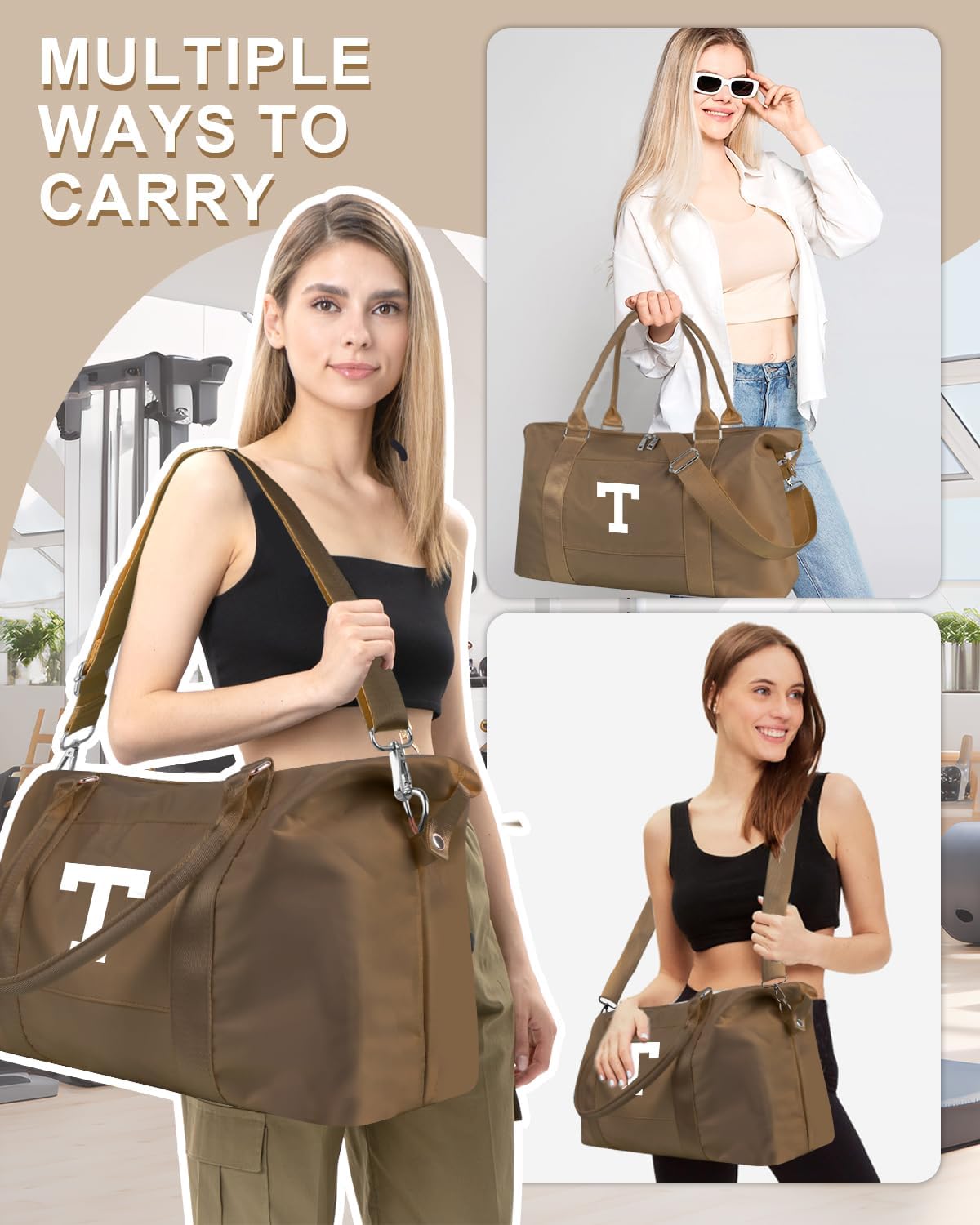 Birthday Graduation Gifts for Daughter,Initial Travel Duffel Bag Sports Gym Bag for Girls Teen Kids Birthday Gifts,Personalized Weekender Bag Carry On Tote Bags Cute Overnight Bag for Women(Brown, T)