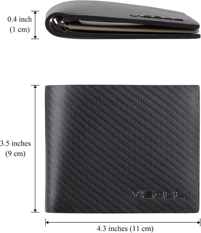 VISOUL Mens Carbon Fiber Leather Bifold Wallet with 2 ID Windows, RFID Blocking Wallet with 2 Money Compartments, Stylish Two-tone Back Pocket Wallet for Men (Black+Light Gray)