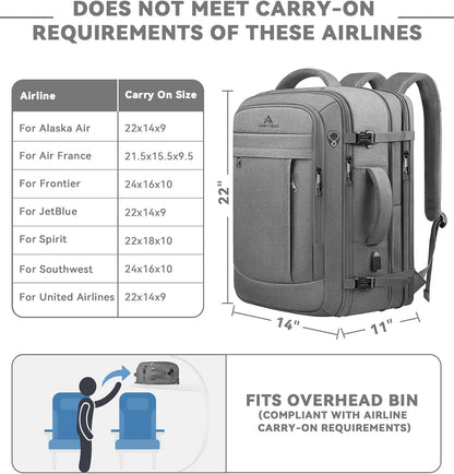 60L Travel Laptop Backpack for Men, Extra Large Backpack, Big Capacity Carry On Backpack, 18 -19 Inch Laptop Backpack with USB Charge Port Water Resistant Luggage Computer Daypack College Bag, Grey