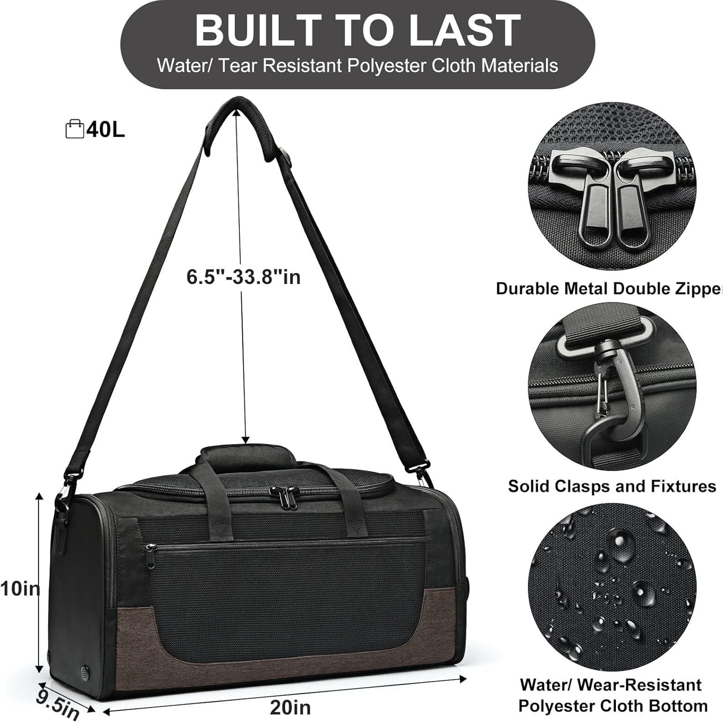 Gym Duffle Bag for Men and Women, Small Travel Duffle Bag Fitness Workout Bag with Wet Pocket and Shoes Compartment 40L Lightweight, Water Resistant Large Weekender Overnight Bags, Christmas Gift