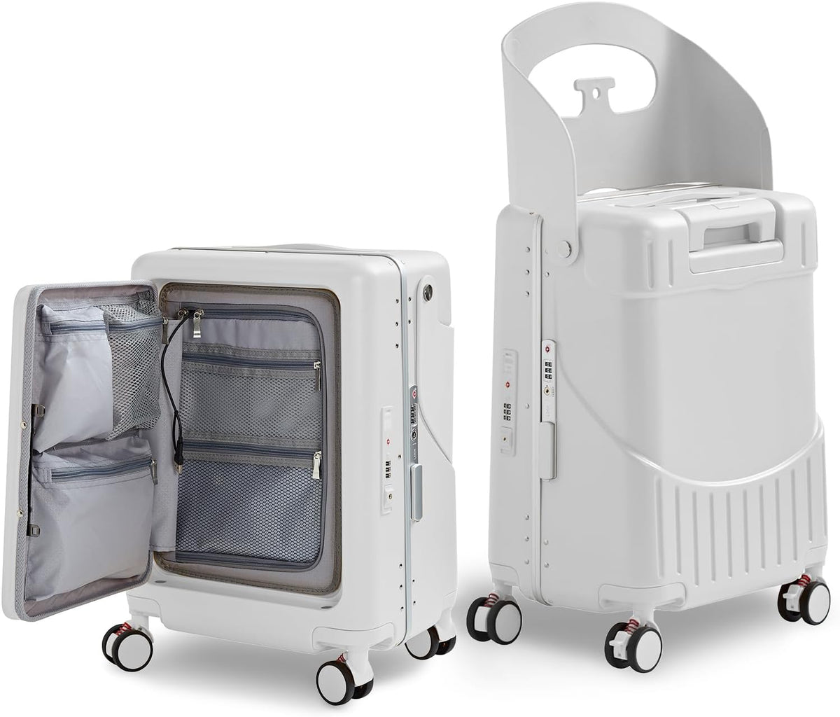 TABU 20" Ride-on Luggage with Seat，Front Opening Carry-On Hardshell Ride On Suitcase with Built-in Charging Port, 360° Lockable Spinner and TSA Lock, for Kids & Adults, White