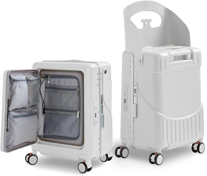 TABU 20" Ride-on Luggage with Seat，Front Opening Carry-On Hardshell Ride On Suitcase with Built-in Charging Port, 360° Lockable Spinner and TSA Lock, for Kids & Adults, White