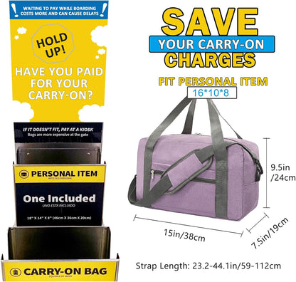 15 Inch Small Carry On Bags for Airplanes Spirit Airlines Personal Item Bag Underseat Foldable Travel Duffle Gym Bags for Women Men(20L,Purple)