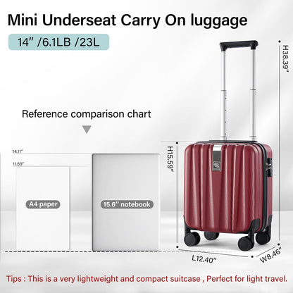 Hanke 14 Inch Underseat Carry On Luggage with Wheels Hard Shell Suitcases Lightweight Small Luggage for Weekender Mini Suitcase Carry On Bag Travel Luggage for Travel Rolling Suitcase.(Burgundy)