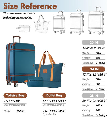 Merax Suitcase Set 24 inches Expandable Luggage with TSA Lock Spinner Wheels Hardshell Lightweight Vintage Luggage with Travel Bag,Blue