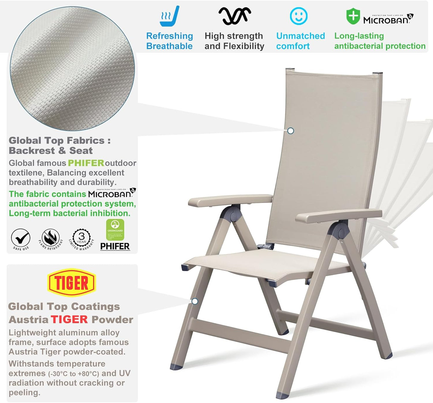 Adjustable Folding Chair, Indoor Bedroom, Outdoor Balcony, Patio, Lawn Yard Beach, Porch, for Comfortable Foldable Lounge Chair, Portable Cozy Recliner, Metal Frame