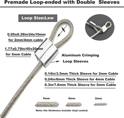 5 Pcs 5mm Wire 24 inch Vinyl Coated Stainless Steel Cable with Loops Short Wire Rope Lanyard Lock Security Chain Link for Outdoor Gates, Clear(5mm x 24inch)