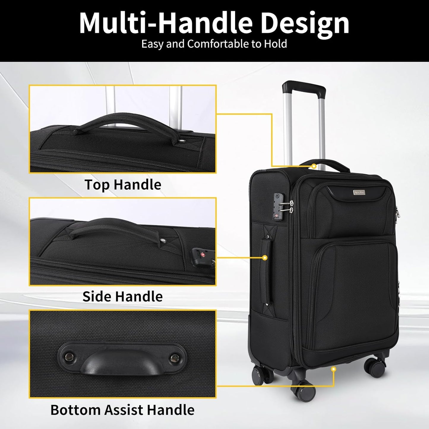 3-Piece Softside Expandable Luggage Set with Front Open Pocket, Lightweight and Durable Oxford Fabric Suitcase Set with TSA Lock (Black, 20in/24in/28in)