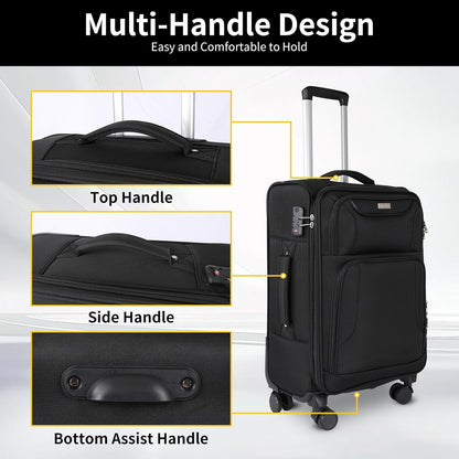 3-Piece Softside Expandable Luggage Set with Front Open Pocket, Lightweight and Durable Oxford Fabric Suitcase Set with TSA Lock (Black, 20in/24in/28in)