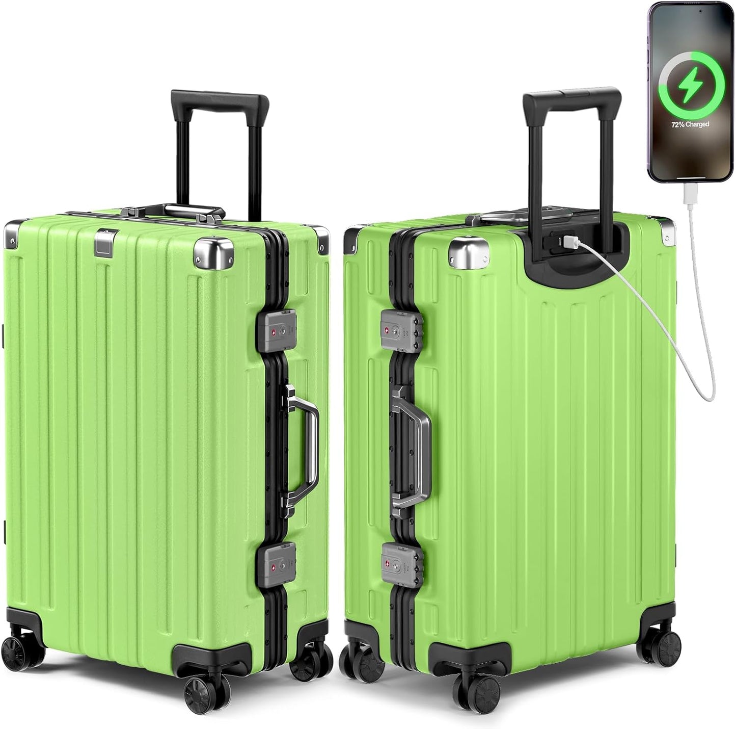 Krute Checked Aluminum Frame Suitcase 24 Inch Zipperless Luggages Hardside PC Luggage With Spinner Wheels TSA Lock USB Charger Suitcases(1 Piece)