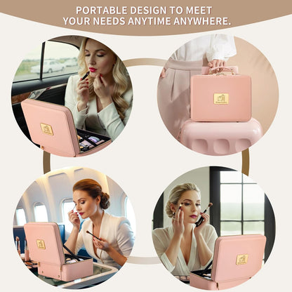 Makeup Bag with LED Mirror & Magnifier, Large Cosmetic Organizer Travel Makeup Case with Adjustable Brightness & 6 Detachable Dividers, Portable Makeup Storage for Women Girls (Pink)