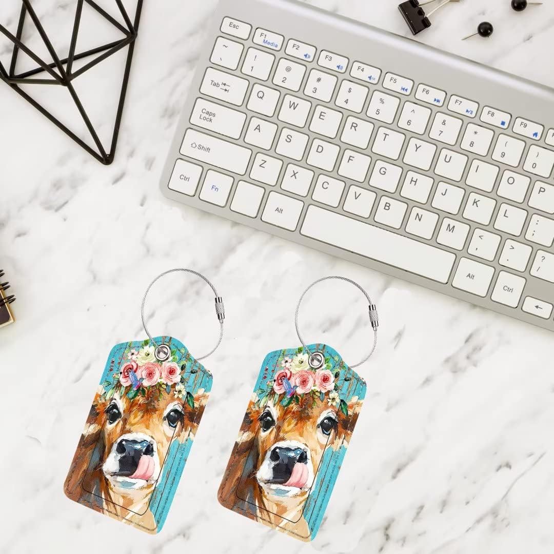 2 Pack Luggage Tag for Suitcase, Cute Unique Leather Bag Tags Identifiers Privacy Cover ID Label with Durable Steel Loop for Women Men Kids Girls Travel, Cattle