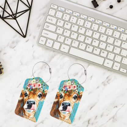 2 Pack Luggage Tag for Suitcase, Cute Unique Leather Bag Tags Identifiers Privacy Cover ID Label with Durable Steel Loop for Women Men Kids Girls Travel, Cattle
