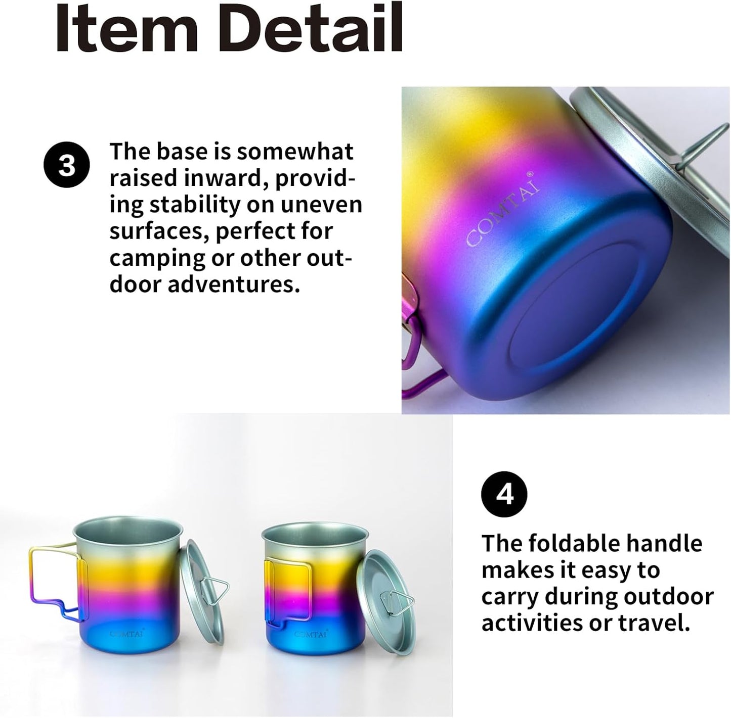 Titanium Camping Pot Mug 15oz (420ml) with Lid and Foldable Handle – Ultralight Camping Cup for Hiking, Backpacking, Outdoor Cooking, Rainbow