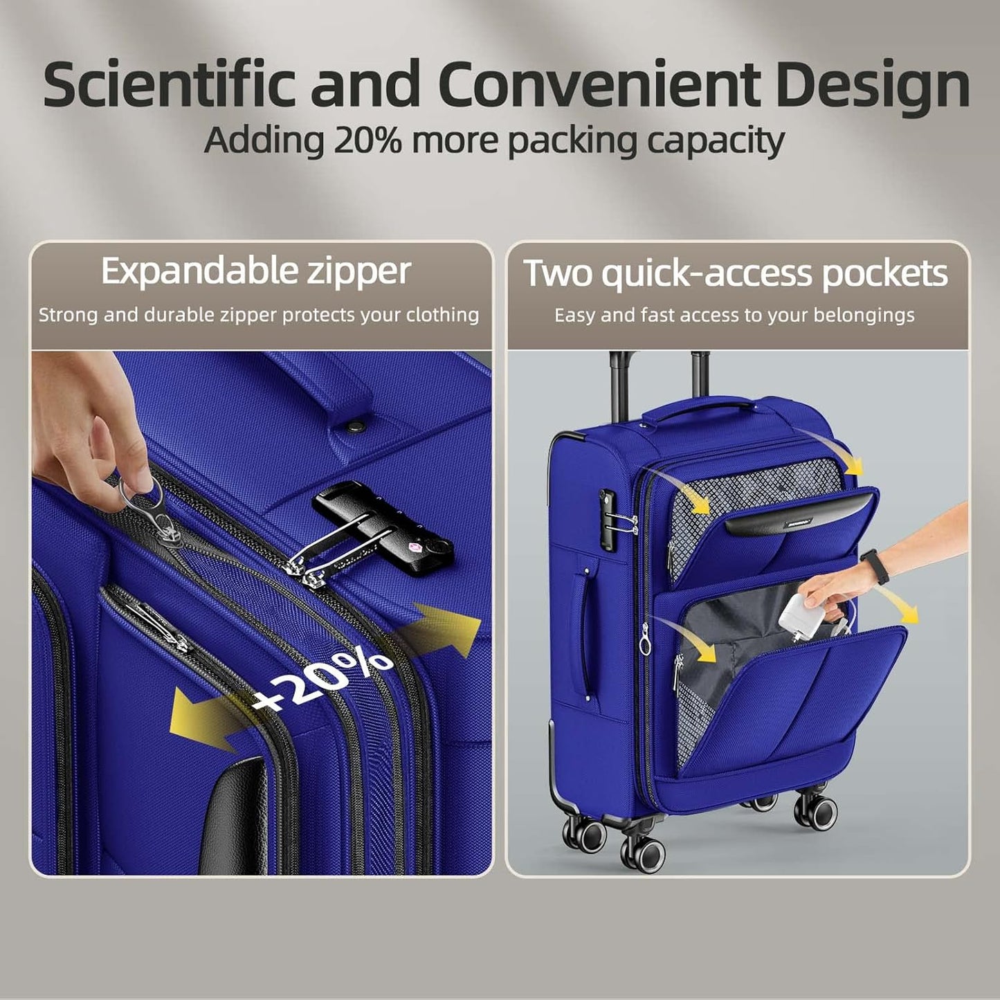 SHOWKOO Luggage Sets 3 Piece Softside Expandable Lightweight Durable Suitcase Sets Double Spinner Wheels TSA Lock Royal Blue (20in/24in/28in)