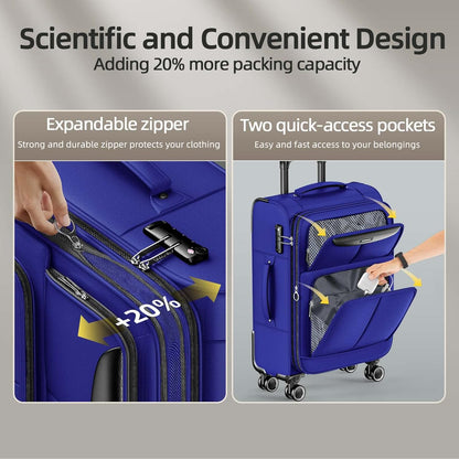 SHOWKOO Luggage Sets 3 Piece Softside Expandable Lightweight Durable Suitcase Sets Double Spinner Wheels TSA Lock Royal Blue (20in/24in/28in)