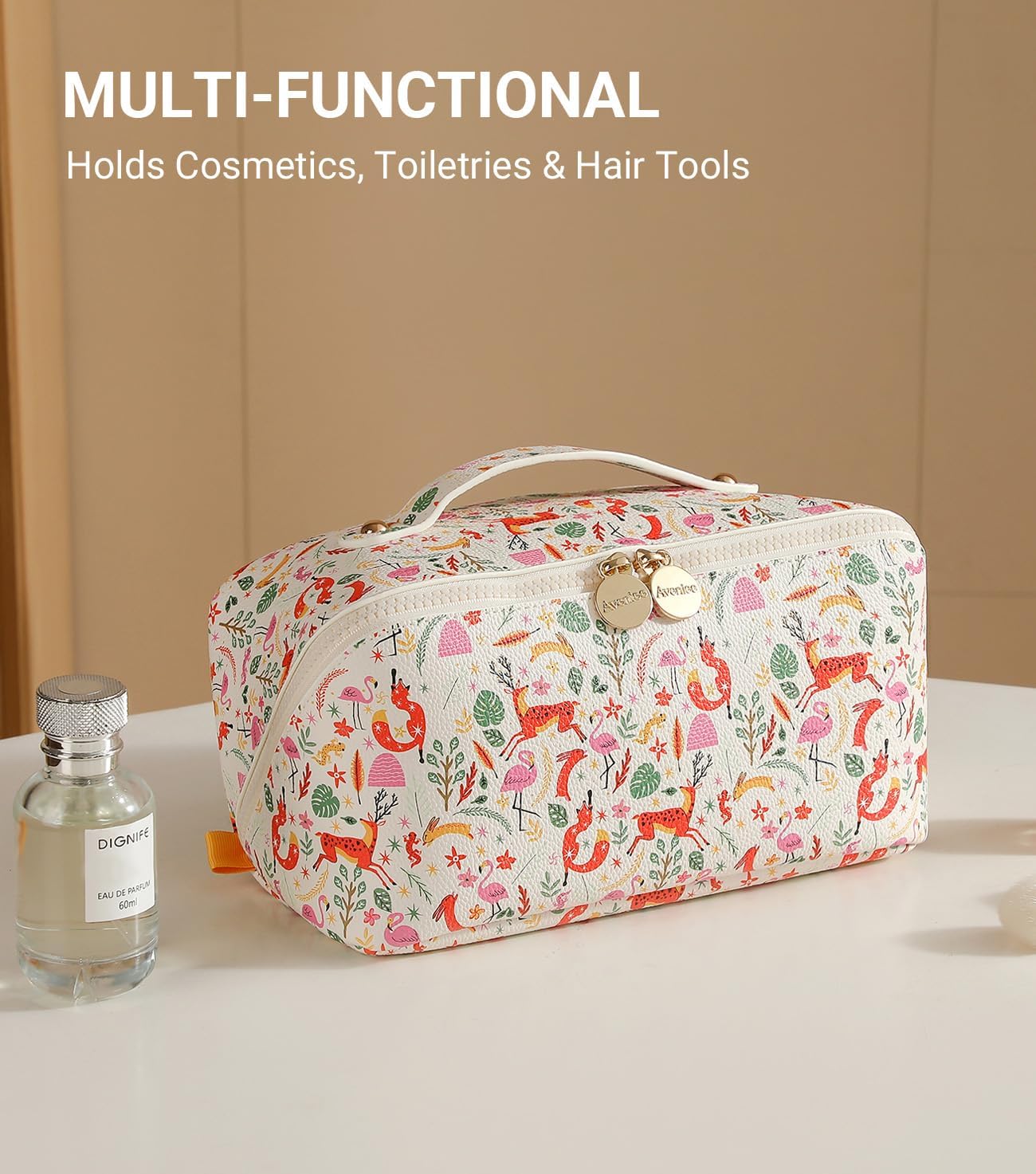 Aveniee Travel Makeup Bag for Women, Large Cosmetic Organizer with Open-Flat Design, Clear Divider & Handle - Waterproof PU Leather Toiletry Pouch