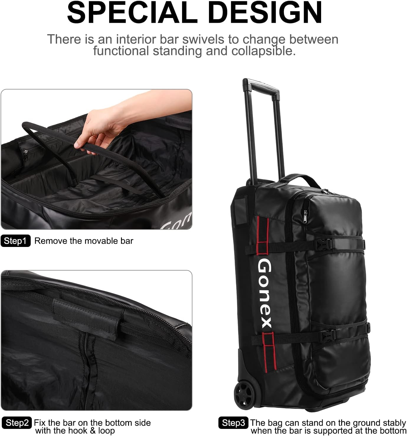 Gonex Rolling Duffle Bag with Wheels, 70L Water Repellent Wheeled Travel Duffel Luggage with Rollers 25 inch, Black