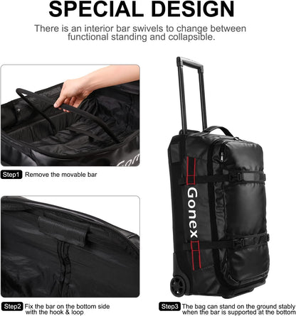 Gonex Rolling Duffle Bag with Wheels, 70L Water Repellent Wheeled Travel Duffel Luggage with Rollers 25 inch, Black