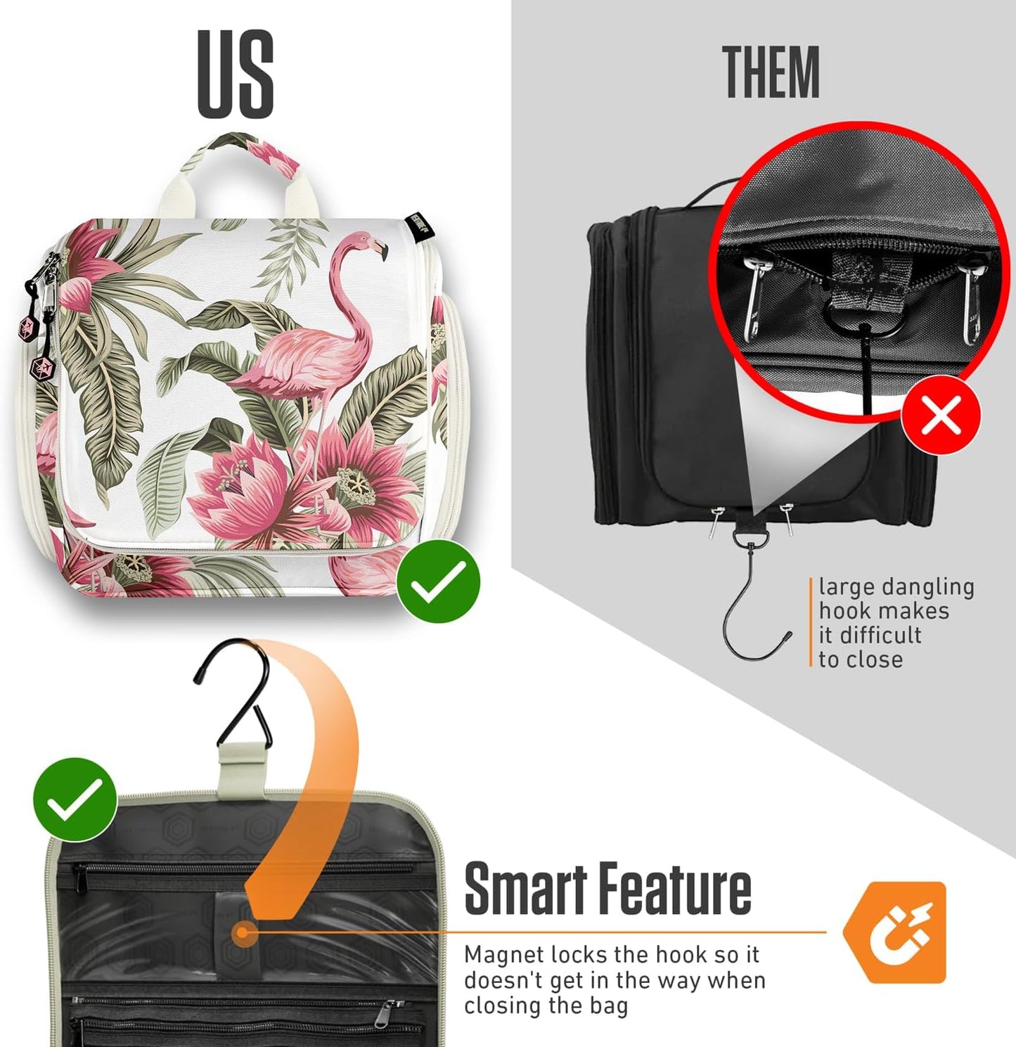 VENTURE 4TH Hanging Travel Toiletry Bag for Women & Men - Travel Organizer with Expandable Compartments & Removable Clear Pouch for Toiletries (Pink Flamingo)