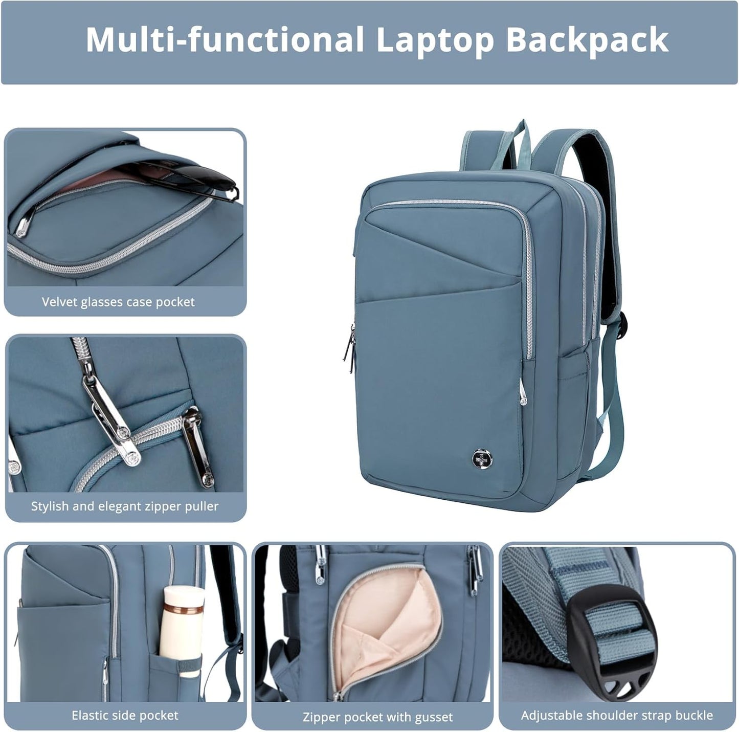 Swissdigital Design Women's Backpack for Work/Travel/Leisure with USB Charging Port, Water Bottle Holder, Separate Sunglass Pocket - Fits 15.6 inch Laptop,Blue | KATY ROSE