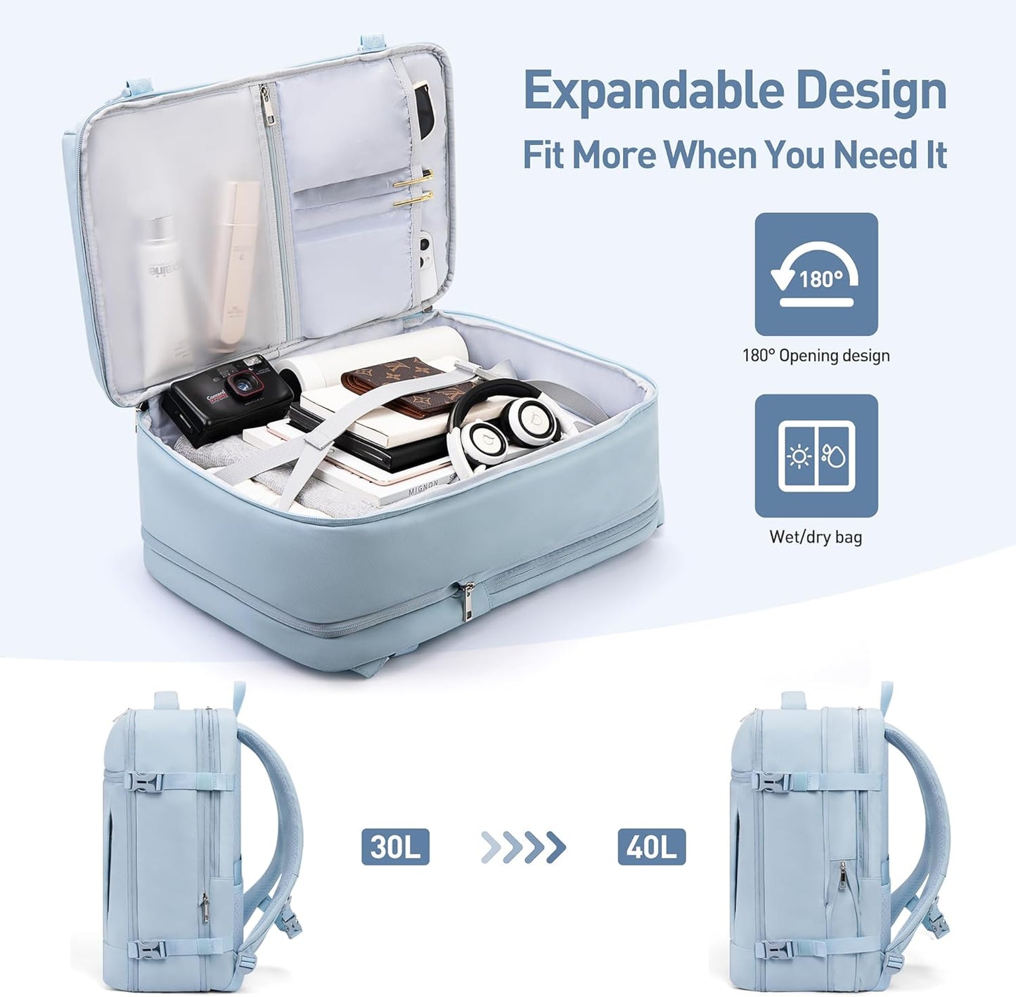 SHOWKOO Travel Backpack For Man Women, Airline Approved Carry On Laptop Backpack For Business, 40L Expandable Large Capacity Backpack, Blue