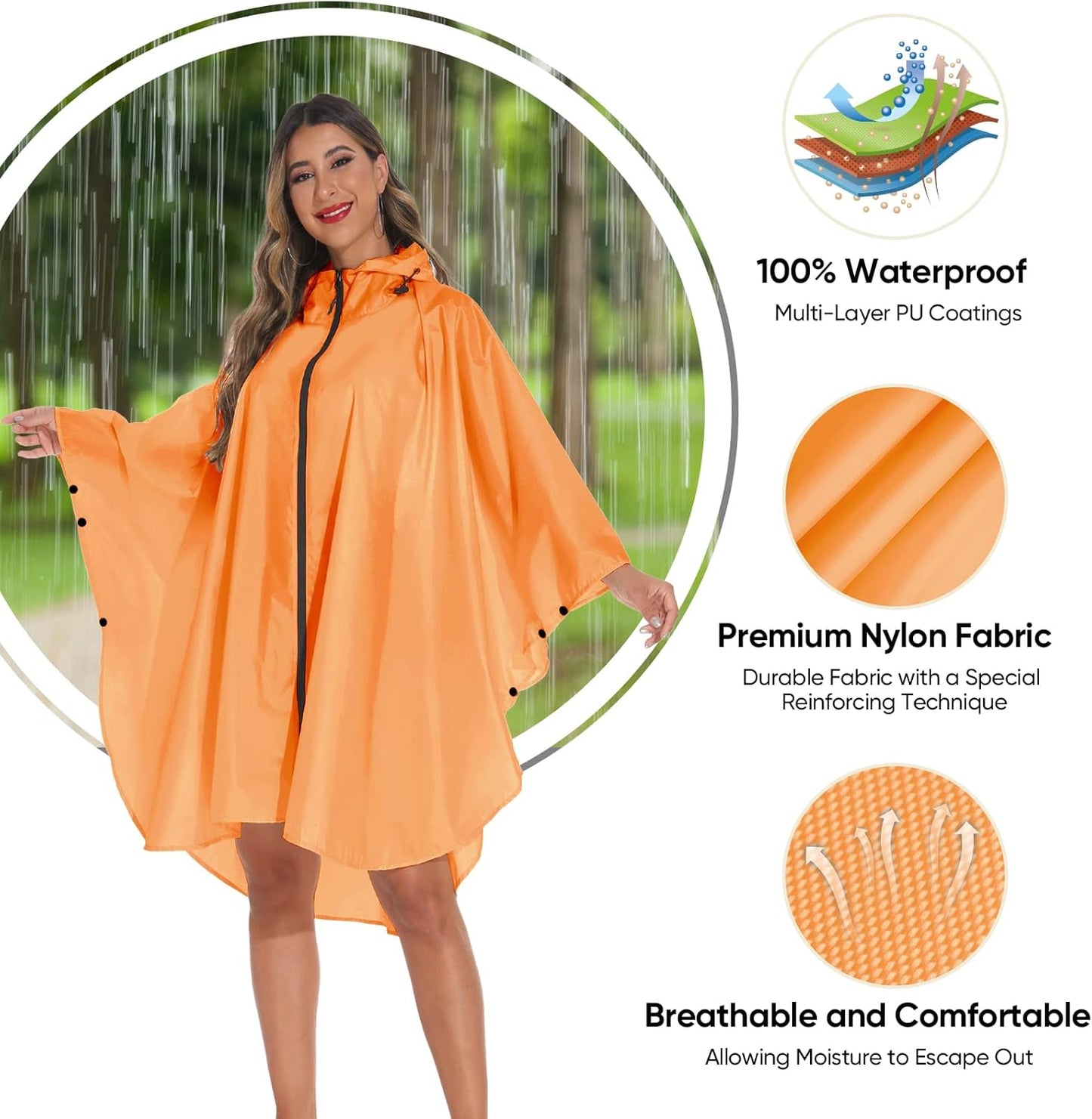 PTEROMY Hooded Rain Poncho for Adult with Pocket and Zipper, Waterproof Lightweight Raincoat for Men and Women