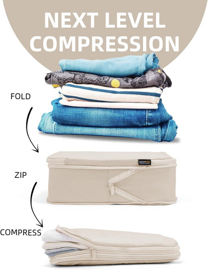 6 Set Compression Packing Cubes for Travel, Large Medium Small Luggage Organizers, Storage Bags for Clothes (6 Pack, Cream White)