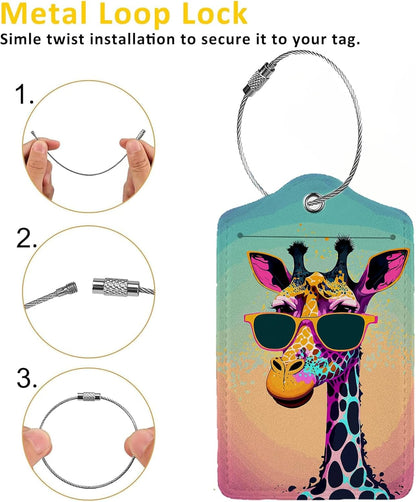 Funny Gunglasses Giraffe Luggage Tag Personalized Luggage Tags for Suitcases,Leather Bag Tags for Backpacks Handbag with Name ID Label Travel Essentials Baggage Tags 2 Pack