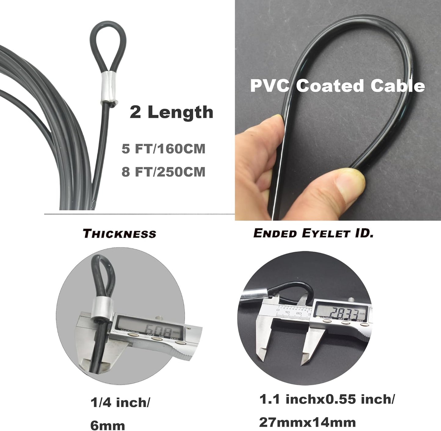 8FT 6mm Stainless Steel Security Cable Lock,Braided Steel Vinyl Coated Safety Cable Luggage Lock,Flexible Steel Cable Security Wire Rope Double Loop