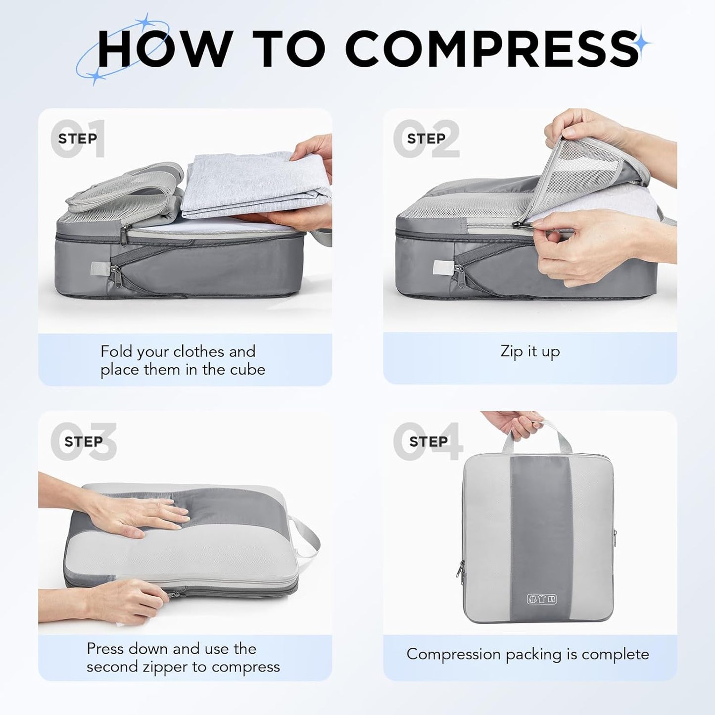 8 Set Compression Packing Cubes for Travel Essentials,Compressible Expandable Packing Cubes for Suitcase,OlarHike Luggage Organizer Bags for Travel,Handy Helper for Organizing Clothes(Gray)