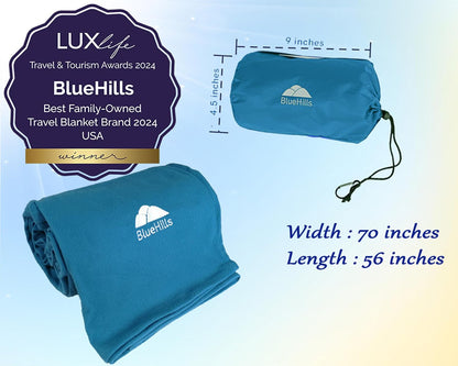 BlueHills Ultra Compact Travel Blanket in Portable Case Premium Soft Large Airplane Blanket Flight Essentials for Car Plane Train Hotel Layover Peacock Teal C004