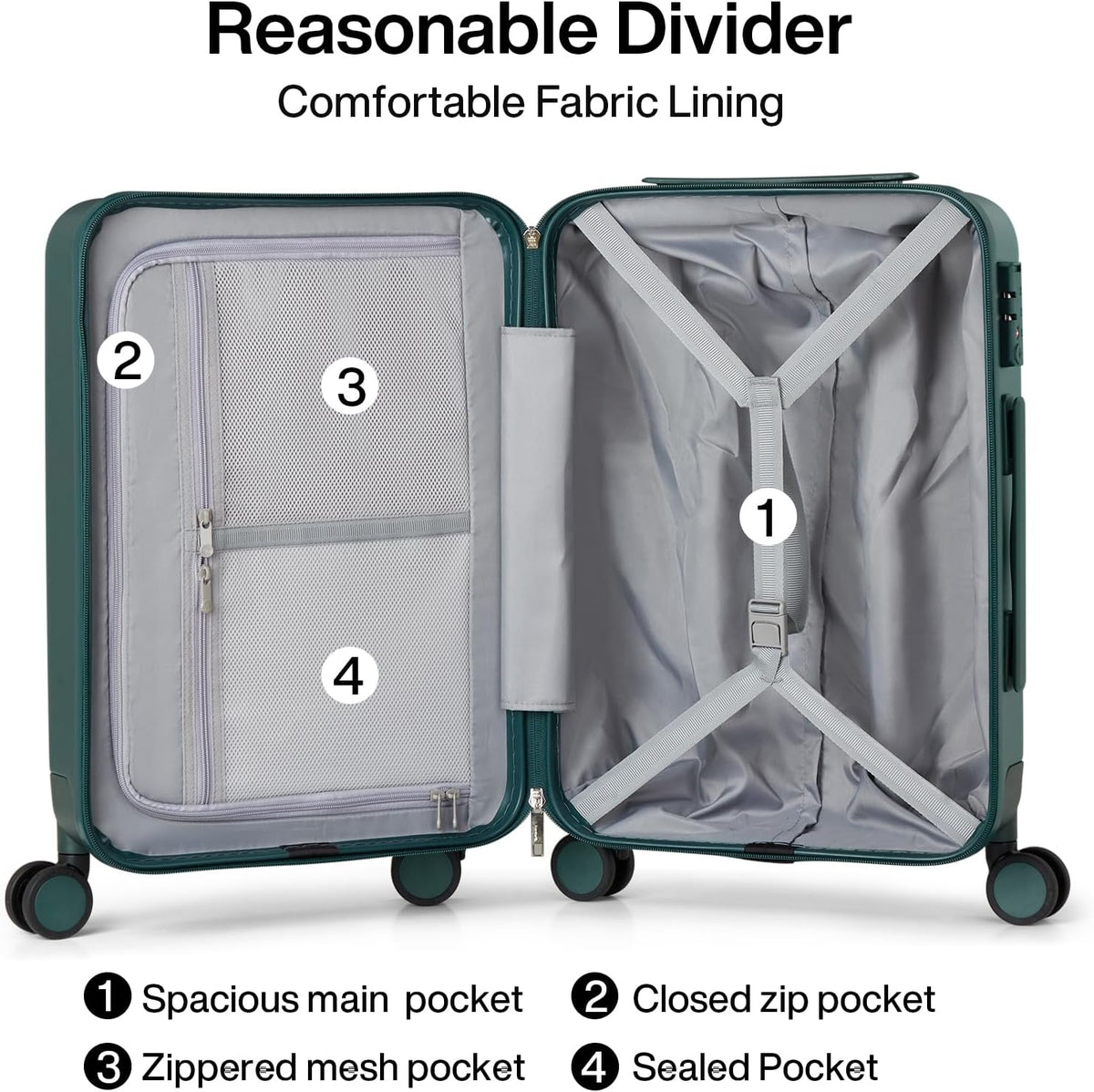 Hanke 3 Piece Luggage Sets with Spinner Wheels, Carry On Luggage Lightweight PC Hard Shell Suitcases Travel TSA Luggage Rolling Checked Bag 20/24/28 Inch Luggage(Blackish Green)