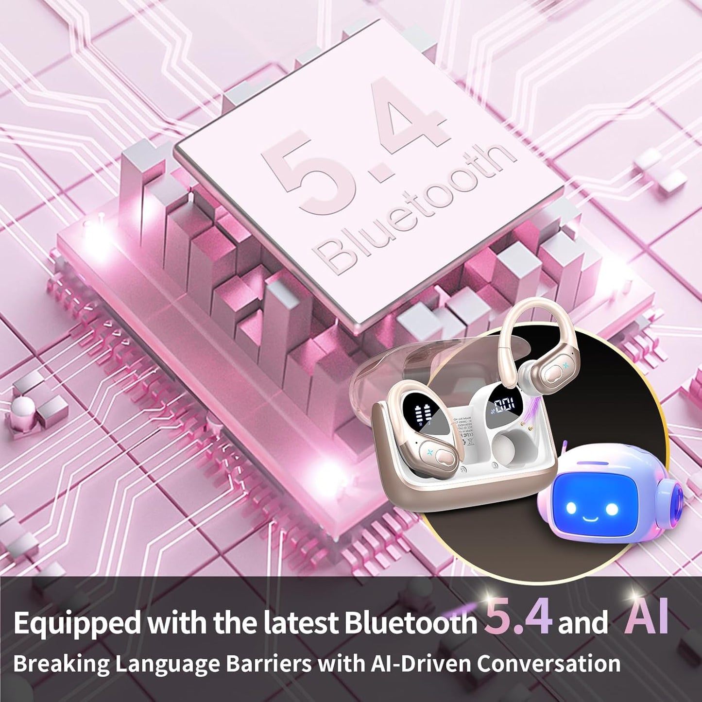 AI Translation Earbuds Real Time, 164 Language Translator Earbud 3-in-1 Bluetooth 5.4 Translator Earbuds with 6 Translation Modes, 75H Translators Headphones with APP for Travel Business, Rose Gold