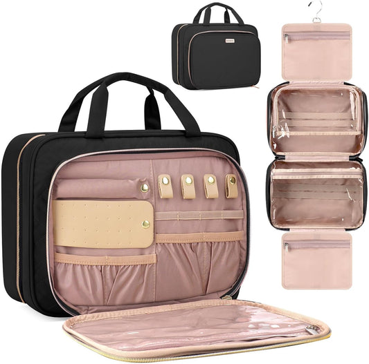 8L Travel Toiletry Bag with Jewelry Organizer for Women - 2.1 GAL Water-resistant Makeup Cosmetic Bag With Hanging Hook for Accessories Shampoo Full-size Container, Black