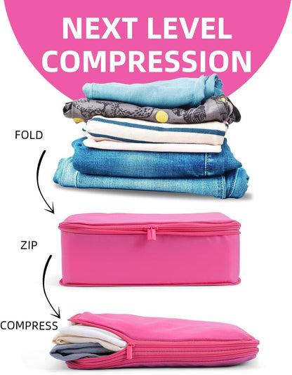 6 Set Compression Packing Cubes for Travel, Large Medium Small Luggage Organizers, Storage Bags for Clothes (6 Pack, Rose Red)